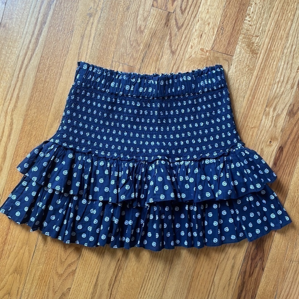 Loft Women Navy Blue White Print Cotton Tiered Ruffle Skirt Elastic Skirt Sz M